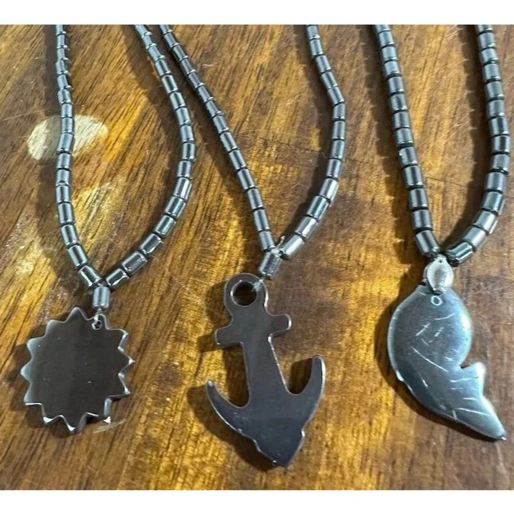 8Pc Hematite Pendant Necklace Lot Horn Cross Anchor Fish Beaded Boho